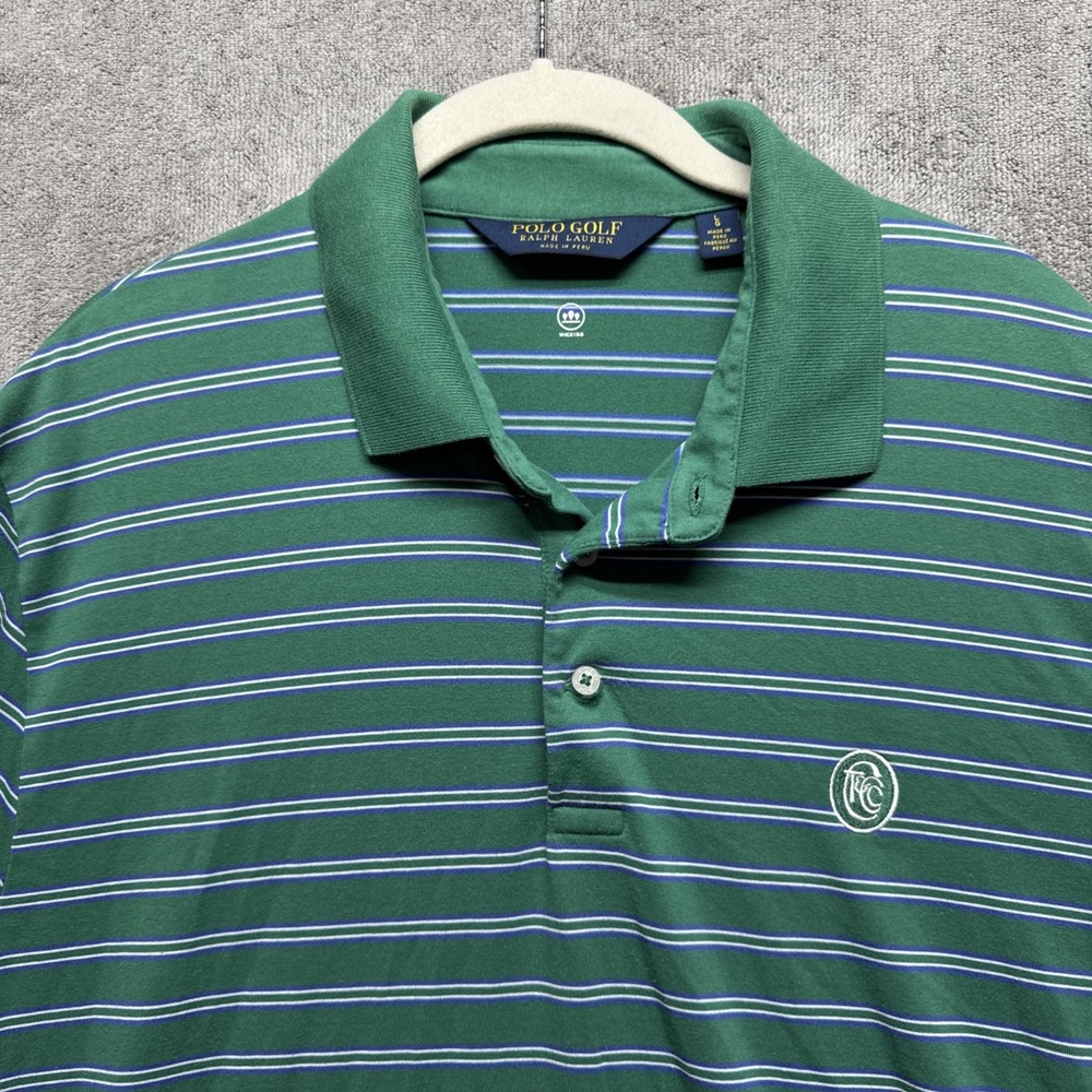 Polo golf ralph lauren Shirt Men's Large Green Blue White Striped Wicking Logo